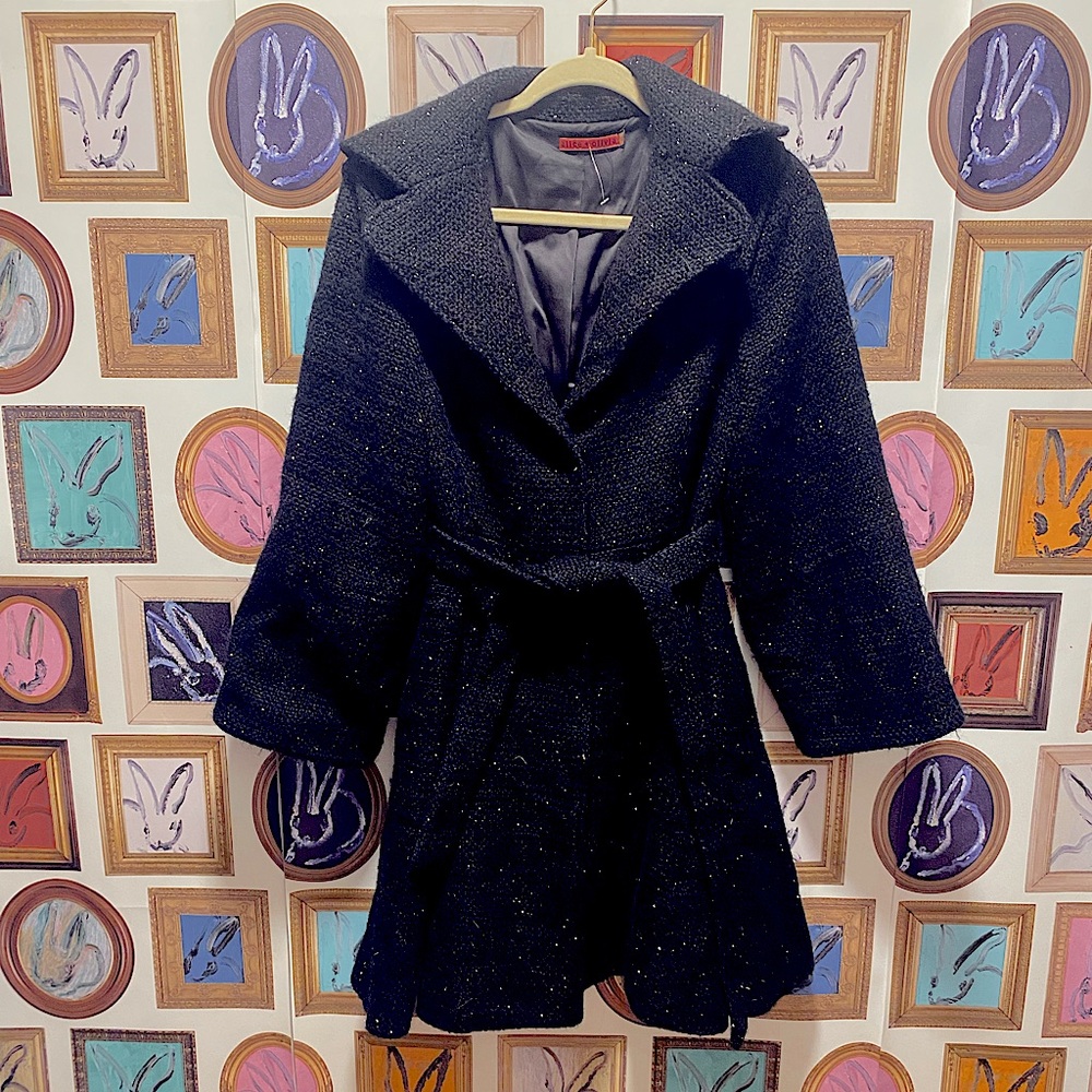 Alice + Olivia Black & Sparkle Waist Tie Coat Size M